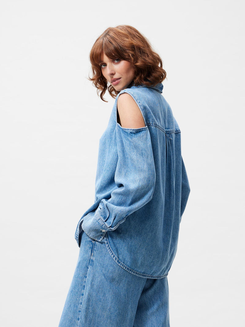 Open shoulder denim blouse