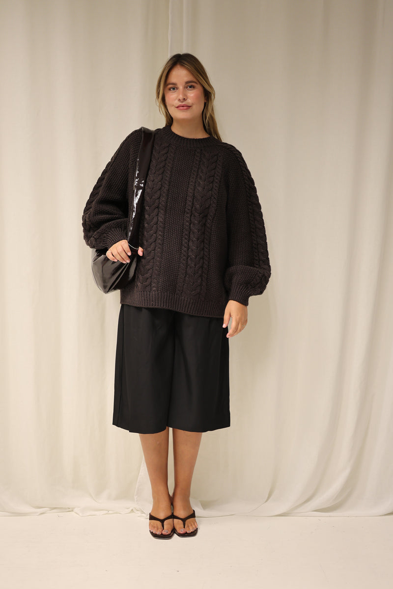 AWTOA LS O-NECK KNIT PULLOVER - Chocolate