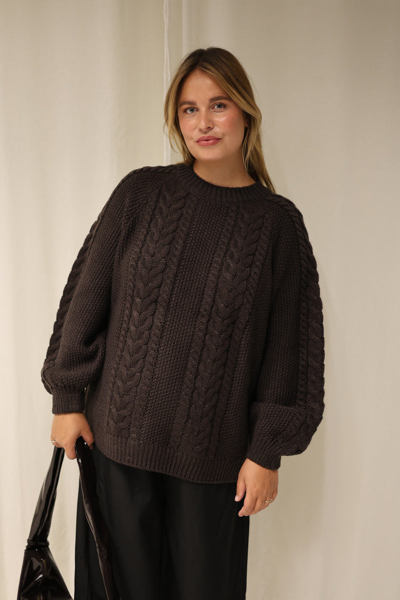AWTOA LS O-NECK KNIT PULLOVER - Chocolate