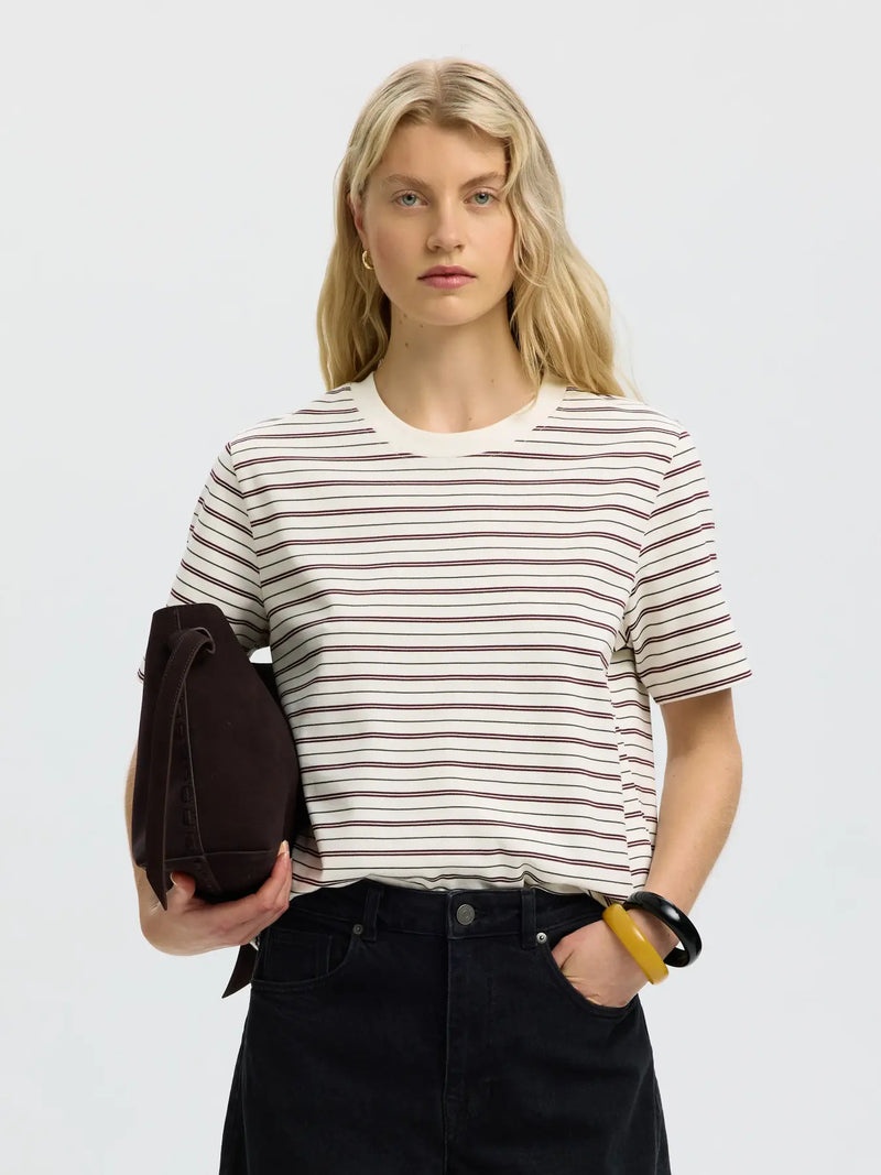 SLWESSENTIAL SS STRIPED BOXY TEE - Tawny Port MULTI STRIPES