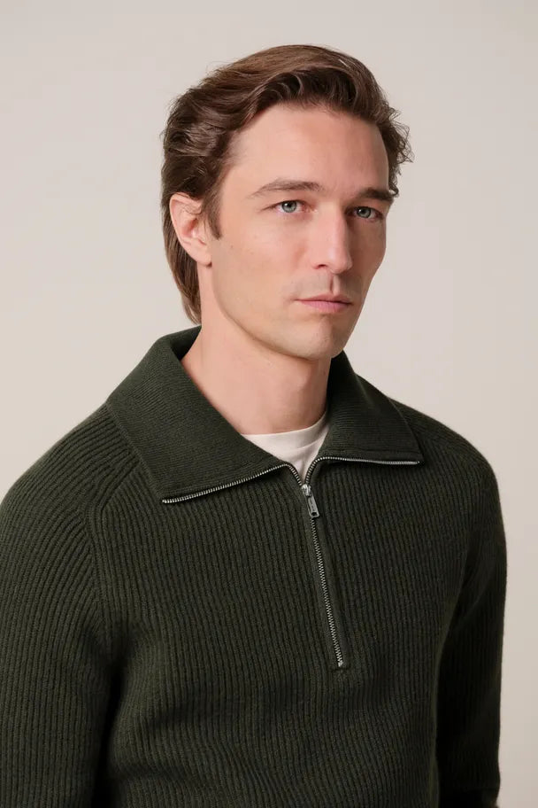 Donkergroene heavy wollen half zip