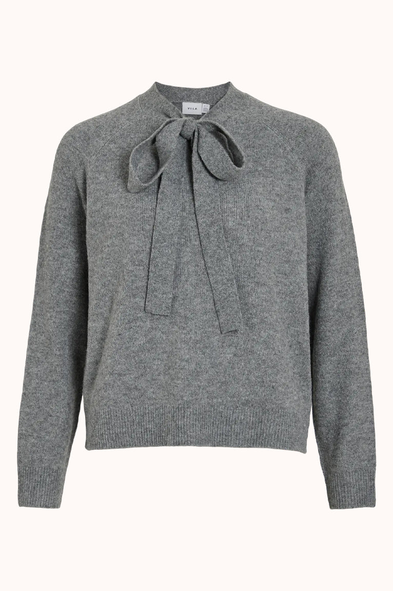 VIFOLLY HIGHNECK L/S TIE KNIT TOP/R - Medium Grey Melange