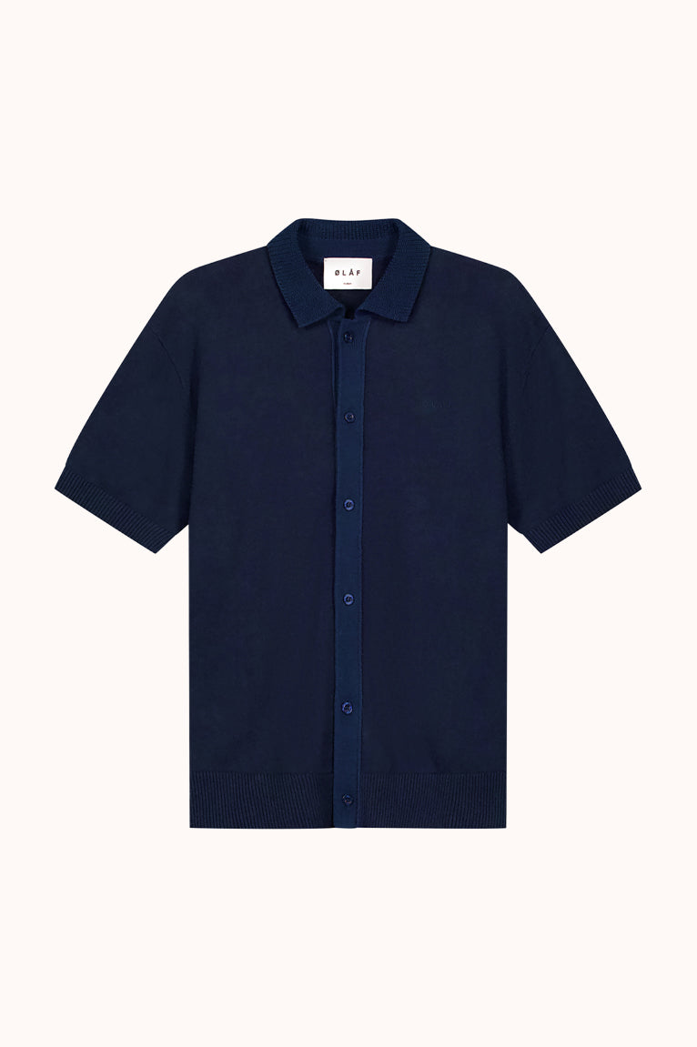 LINEN KNITTED SS POLO - Donker Blauw