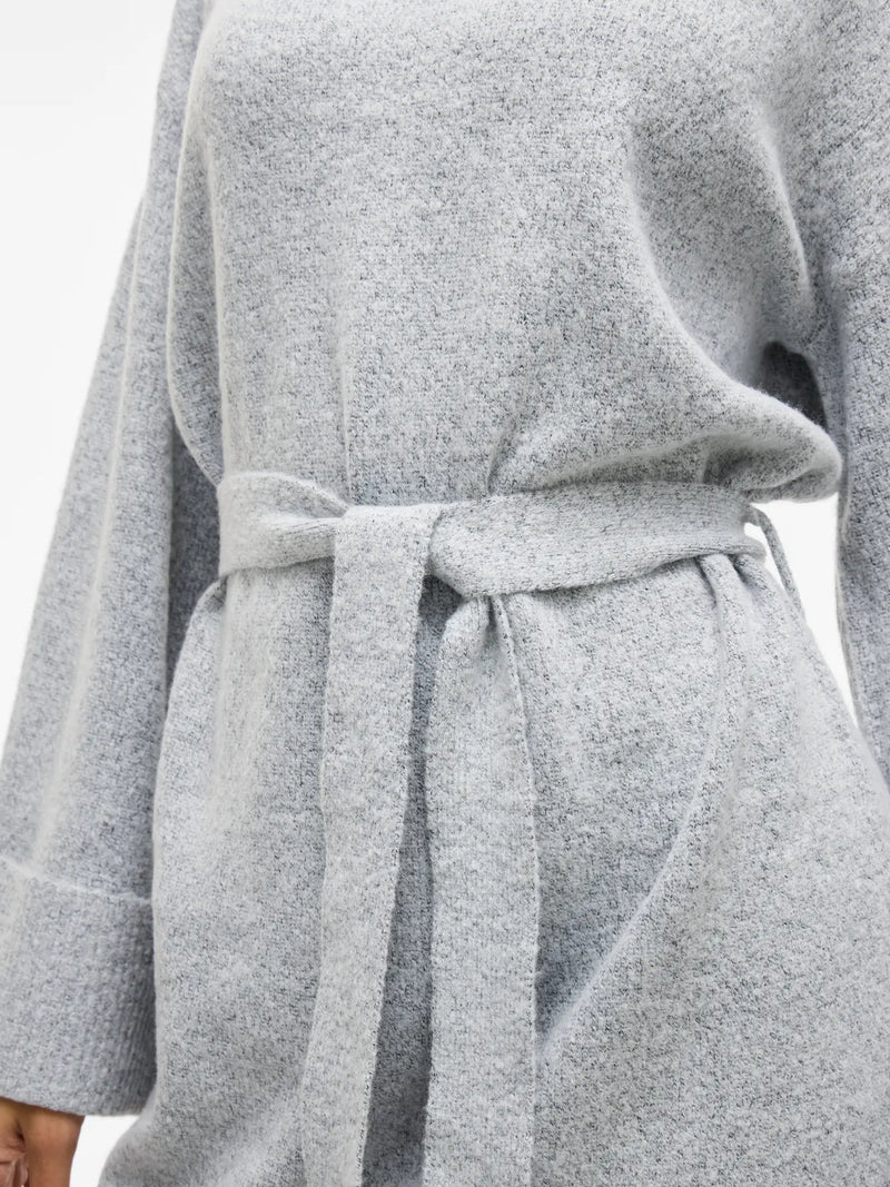 VIROLFIE L/S TIE BELT KNIT DRESS - LIGHT GREY MELANGE