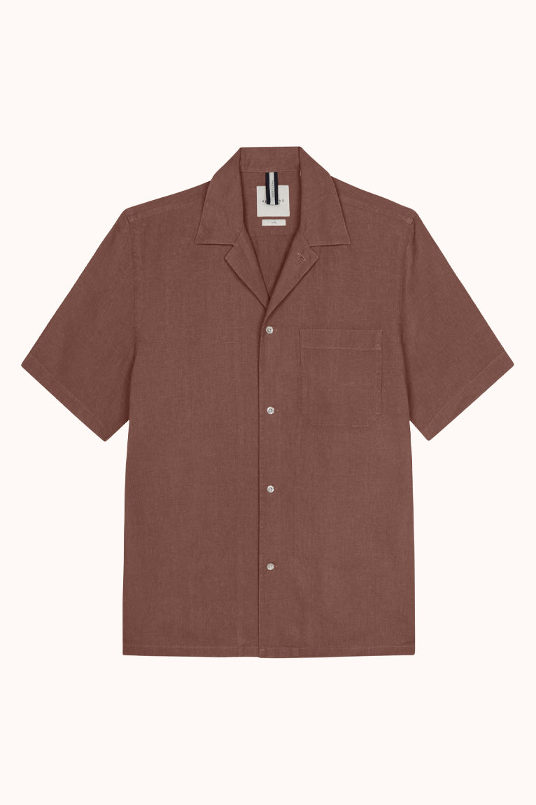 Red linen camp shirt