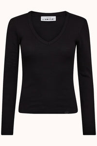 Deep V LS Rib Tee - Zwart