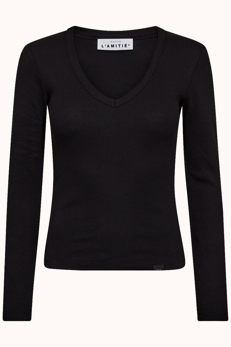 Deep V LS Rib Tee - Zwart